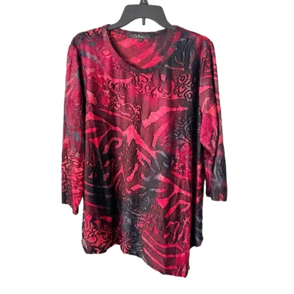 Caleasa Women Red Black Abstract Burnout Tunic Top Long Sleeve Plus Size 1X NWT
